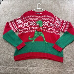 33 Degrees Mens XL Christmas Sweater T-Rex Dinosaur Red Green Ugly Funny